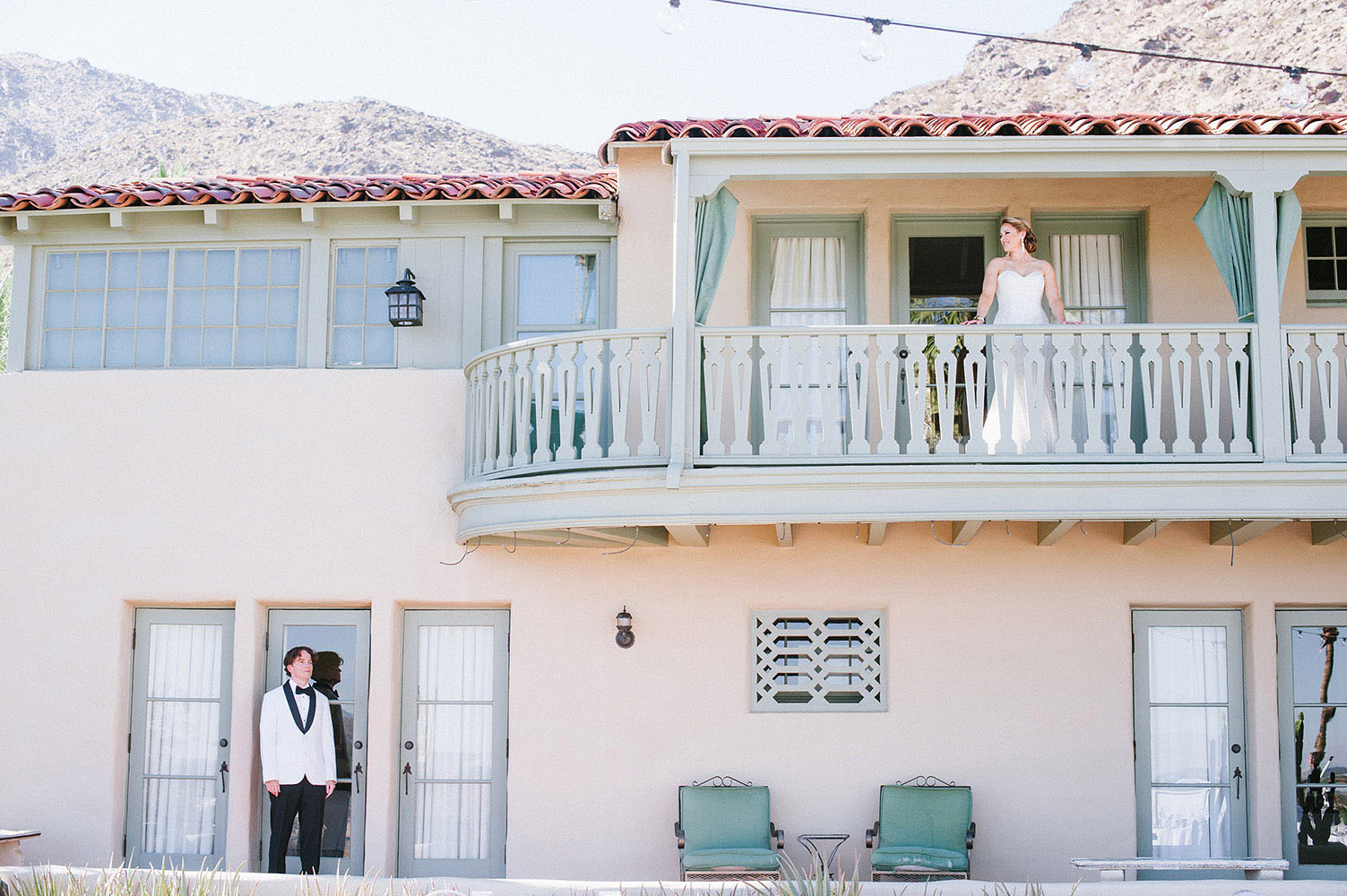 Bride and Groom in front of The O'Donnell house in Palm Springs