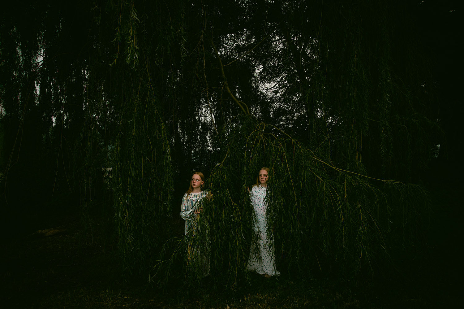 Twin girls stand amongst willow trees in nightgowns with an eerie vibe